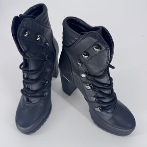DKNY Black Lace Up High Heel Boots Womens Sz 8.5 chunky moto whimsigoth leather